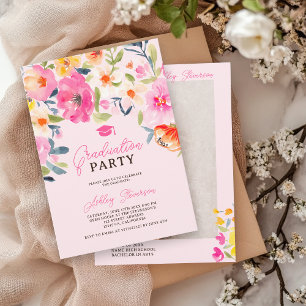 Romantic Pink Watercolor Floral Graduation Photo Invitation
