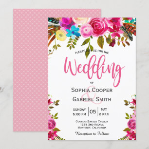 Romantic Pink Watercolor Floral Typography Wedding Invitation