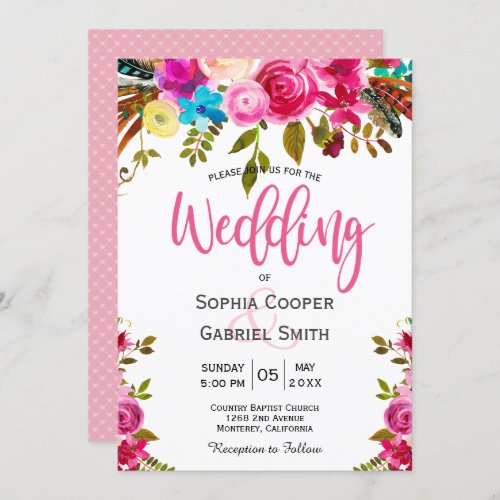 Romantic Pink Watercolor Floral Typography Wedding Invitation