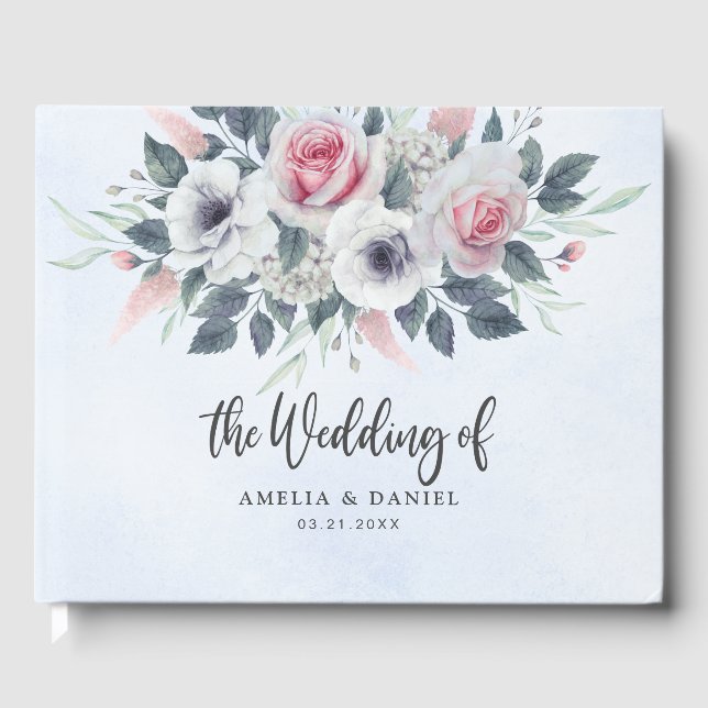 Romantic Pink Watercolor Floral Wedding Blue Guest Book (Front)