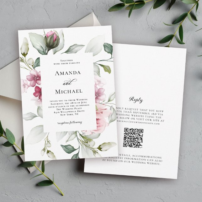 Romantic Pink Watercolor Floral Wedding  Invitation (Available in both printed and instant download digital formats.)