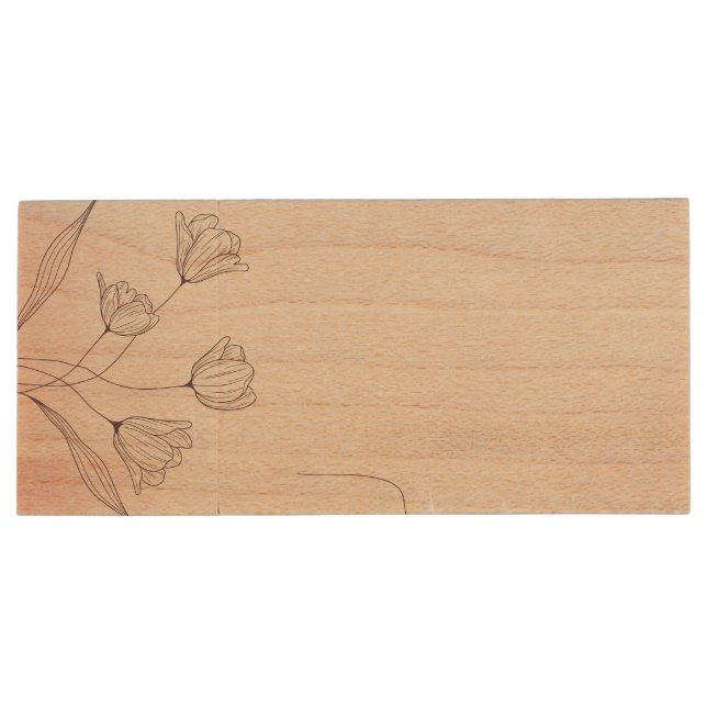 Romantic Pink Watercolor Floral Wood Flash Drive (Back)