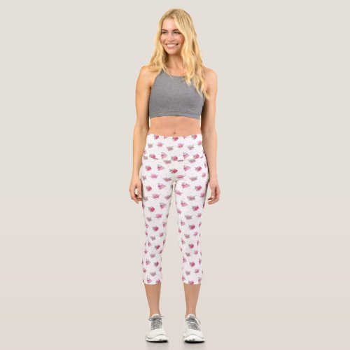 Romantic Pink Watercolor Flower Pattern Capri Leggings