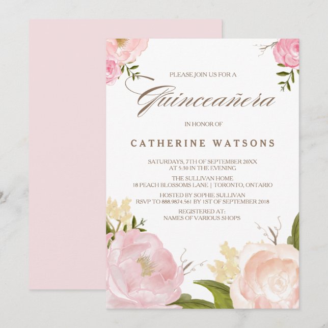Romantic Pink Watercolor Flowers Quinceañera Invitation (Front/Back)