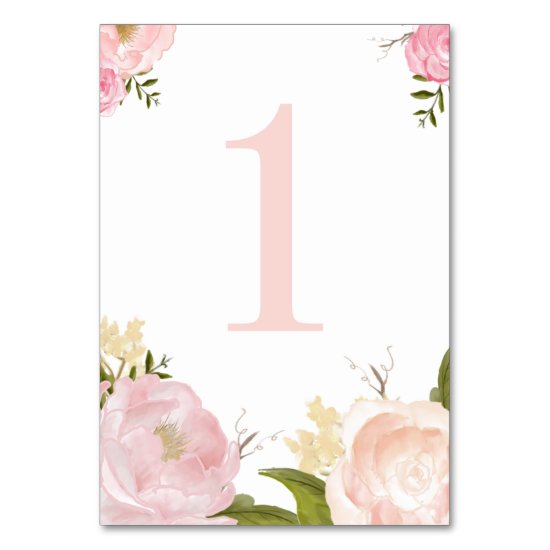 Romantic Pink Watercolor Flowers Table Number 1