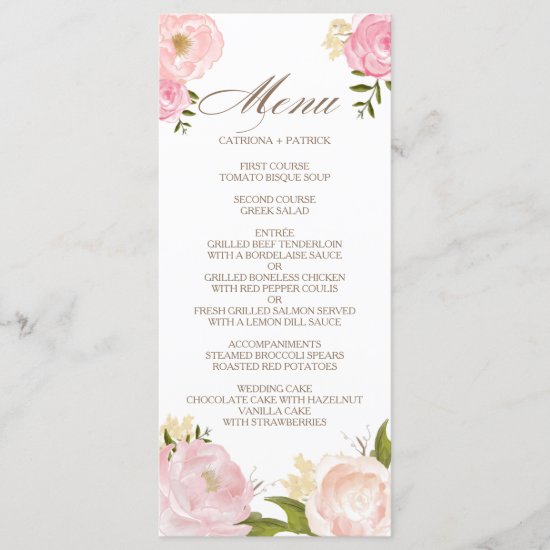 Romantic Pink Watercolor Flowers Wedding Menu Card