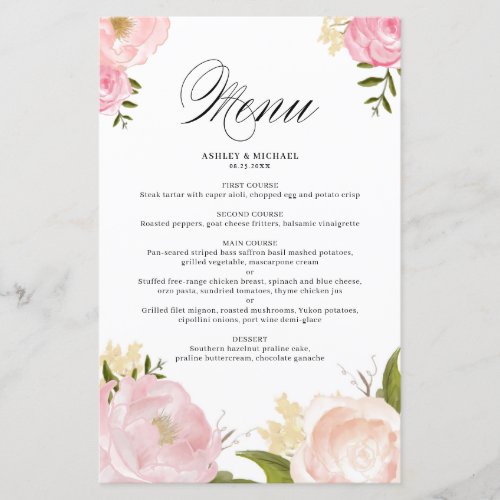 Romantic Pink Watercolor Flowers Wedding Menu Card