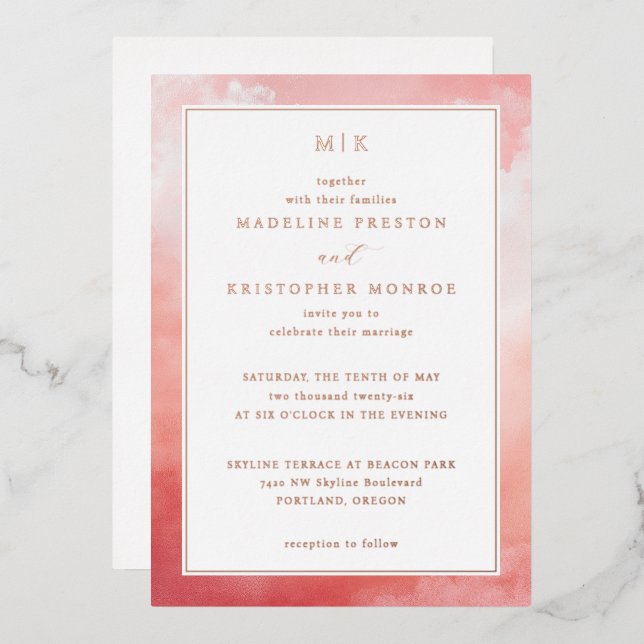 Romantic Pink Watercolor Foil Invitation (Front/Back)