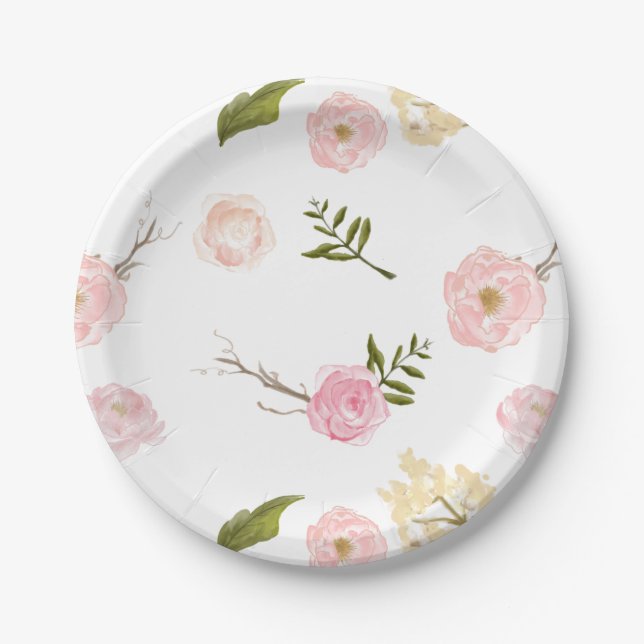 Romantic Pink Watercolor Garden Floral Paper Plates (Front)