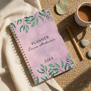  Romantic Pink Watercolor Green Leaves  Planner