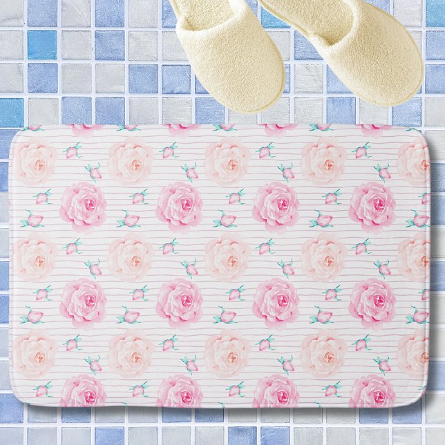 Romantic Pink Watercolor Pastel Roses With Stripes Bath Mat (romantic plush pink rose buds on blue gray tiling)