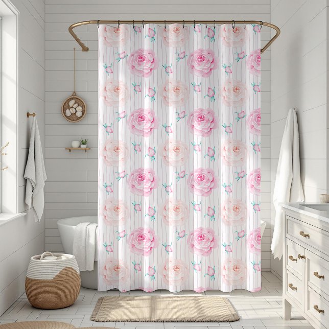 Romantic Pink Watercolor Pastel Roses With Stripes Shower Curtain (Soft watercolor pastel rose buds and stripes pattern)