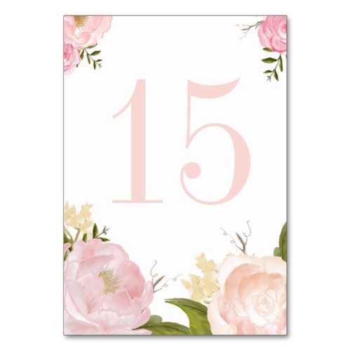 Romantic Pink Watercolor Peonies and Roses Wedding Table Number