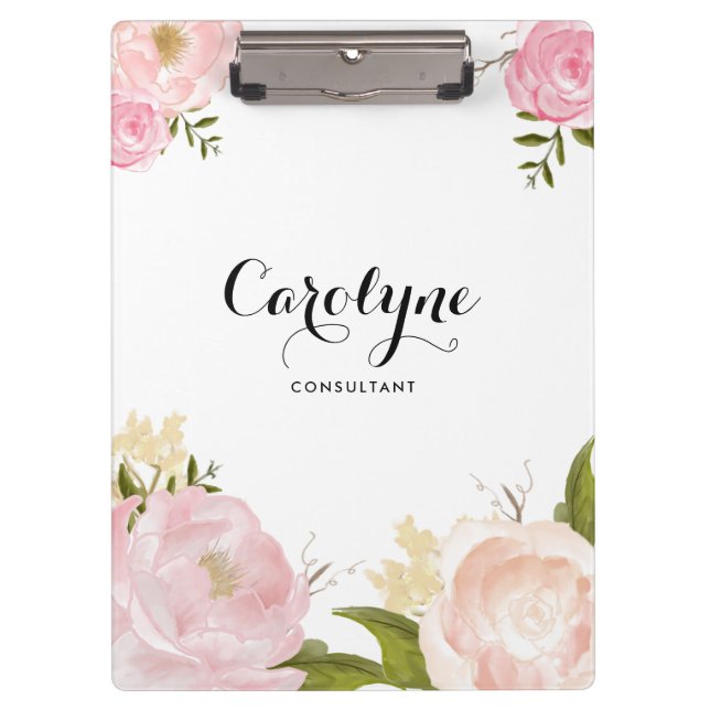 Romantic Pink Watercolor Peonies Floral Clipboard (Front)