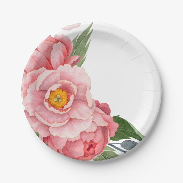 Romantic Pink Watercolor Peonies Floral Paper Plates (Front)