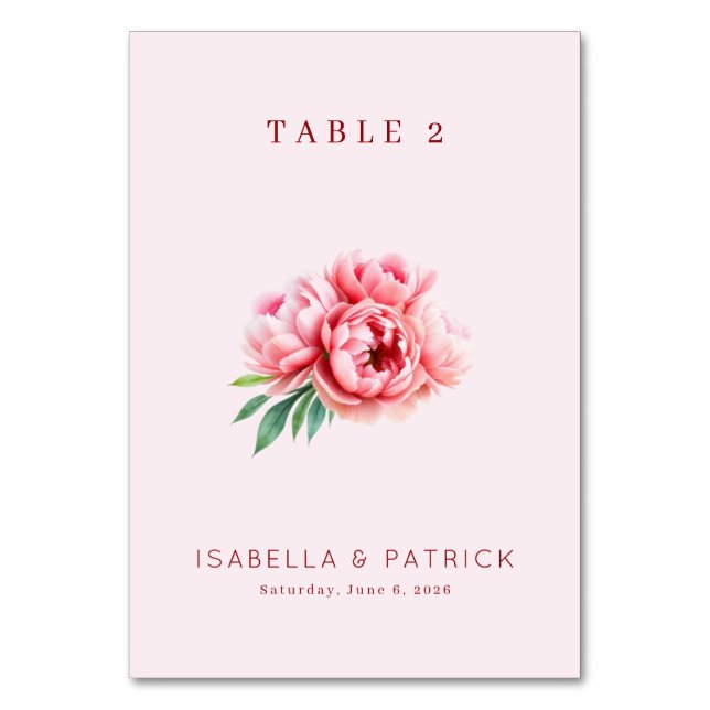 Romantic Pink Watercolor Peonies Table Number (Front)