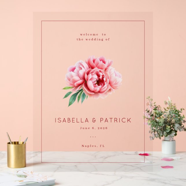 Romantic Pink Watercolor Peony Acrylic Sign (Wedding)