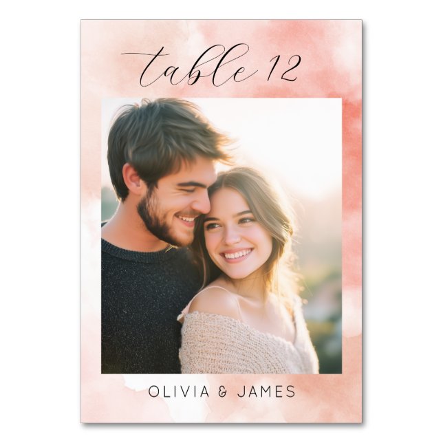 Romantic Pink Watercolor Photo Table Number (Front)