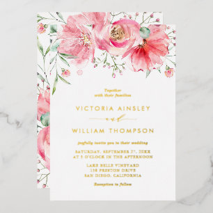 Romantic Pink Watercolor Roses Floral Wedding Foil Invitation