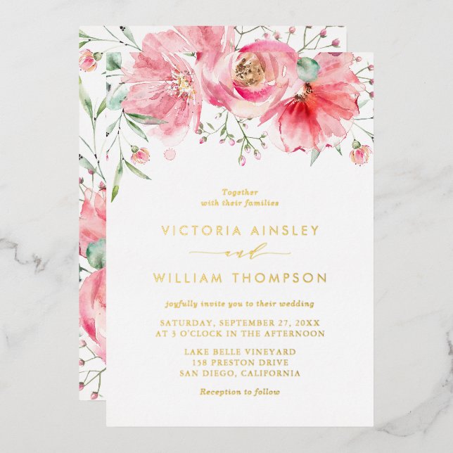 Romantic Pink Watercolor Roses Floral Wedding  Foil Invitation (Front/Back)