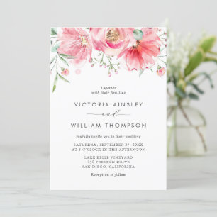 Romantic Pink Watercolor Roses Floral Wedding Invitation