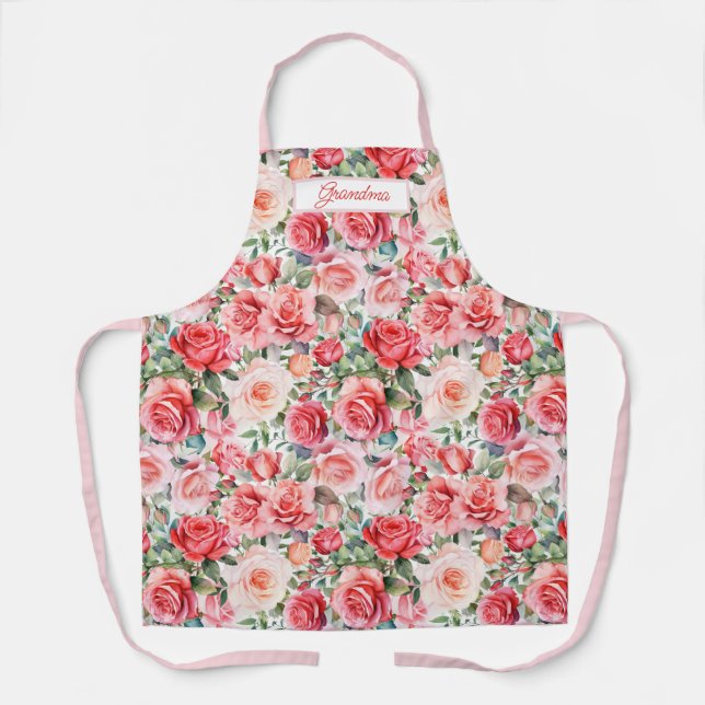 Romantic Pink Watercolor Roses Personalized Apron (Front)