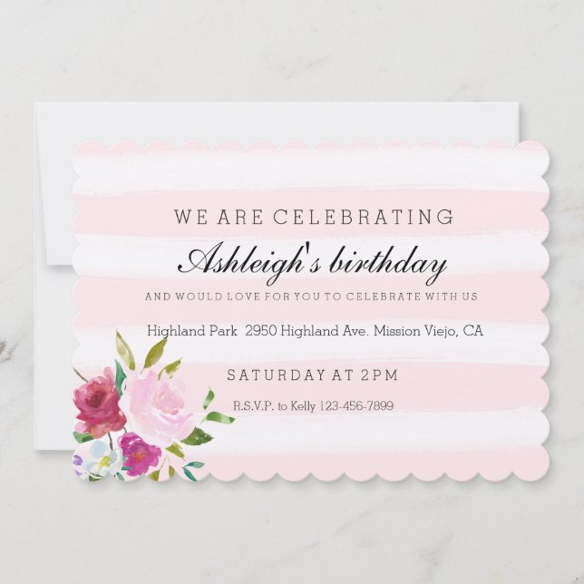 Romantic Pink Watercolor Stripes Floral birthday Invitation (Front)