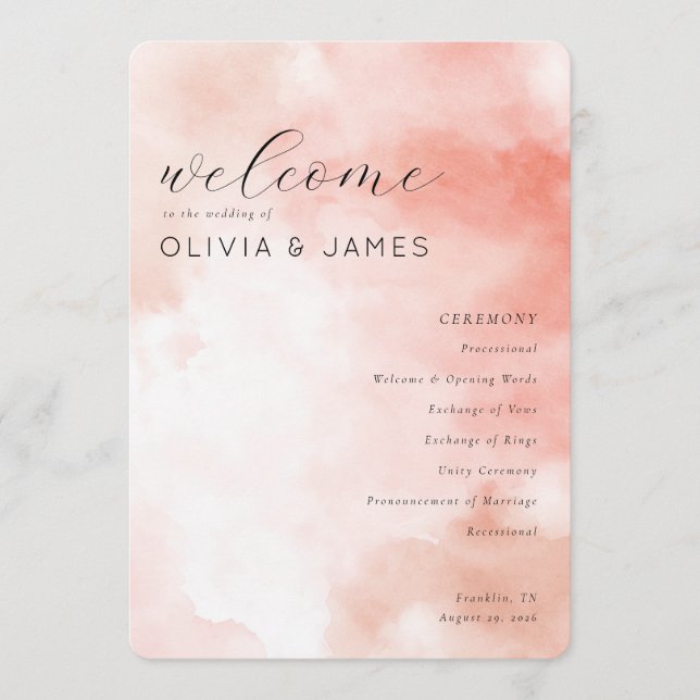 Romantic Pink Watercolor Wedding Schedule Program (Front)