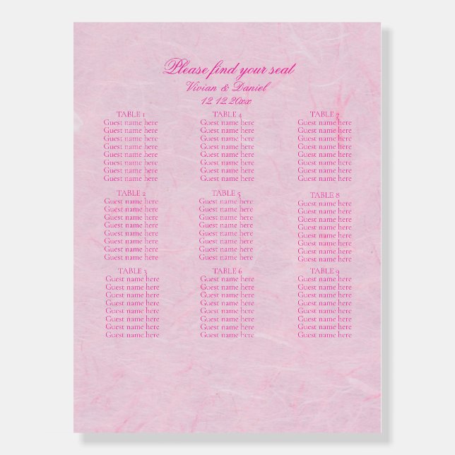 Romantic Pink Wedding Seating Chart Sign (Front)