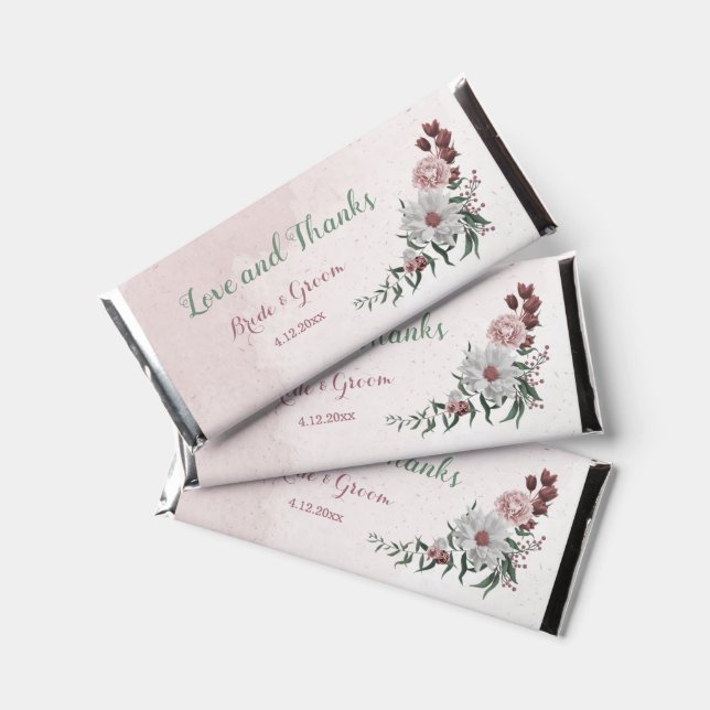 romantic pink, white and cinnamon rose wedding hershey bar favors (Front)