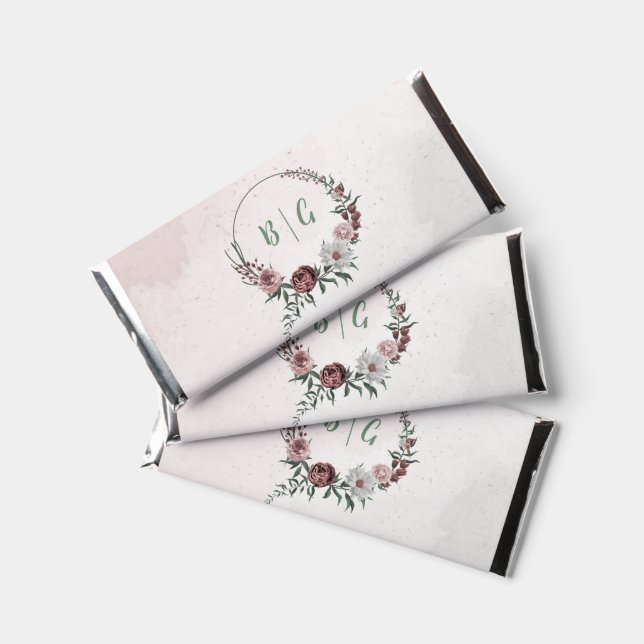 romantic pink, white and cinnamon rose wedding hershey bar favors (Front)
