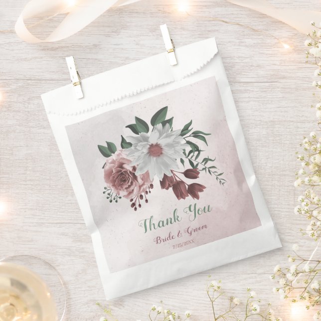 romantic pink white cinnamon rose greenery wedding favor bag (Clipped)