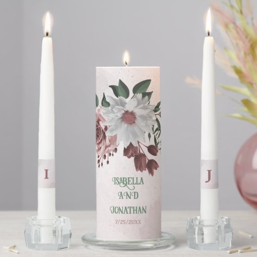 romantic pink white cinnamon rose greenery wedding unity candle set