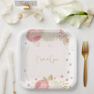 Romantic pink & white flowers gold paper plates