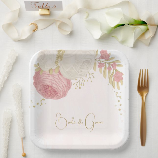 Romantic pink & white flowers gold paper plates (Wedding)