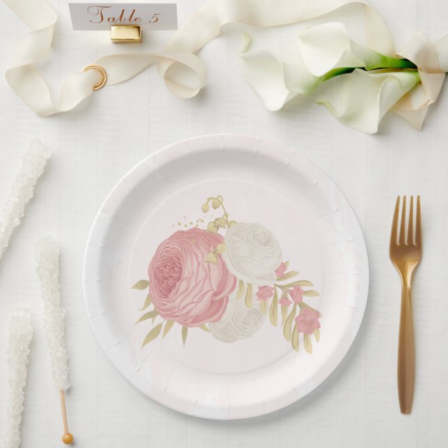 Romantic pink & white flowers gold  paper plates (Wedding)