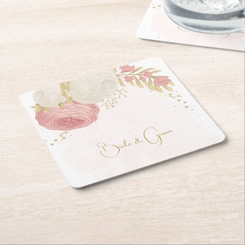Romantic pink  white flowers gold square paper coaster