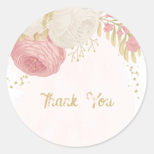 Romantic pink  white flowers gold wedding classic round sticker