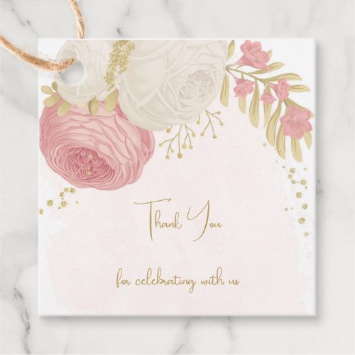 Romantic pink  white flowers gold wedding favor tags