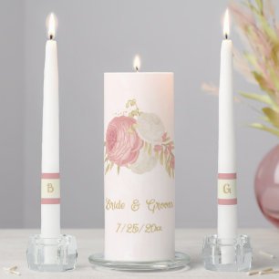 Romantic pink & white flowers gold wedding unity candle set