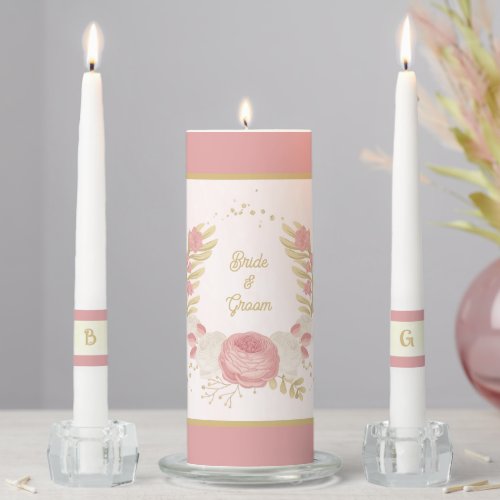 Romantic pink  white flowers gold wedding unity candle set