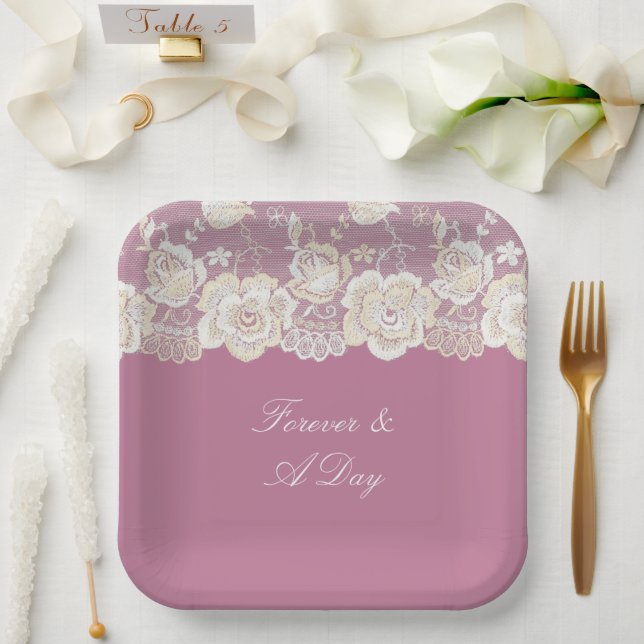 Romantic Pink White Lace Floral Wedding Paper Plates (Wedding)