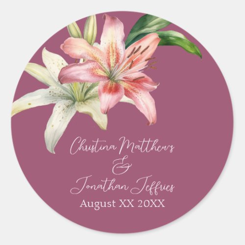 Romantic Pink  White Lilies on Fuchsia Classic Round Sticker