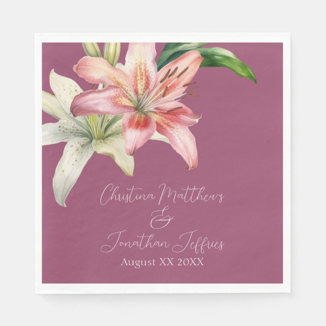 Romantic Pink & White Lilies on Fuchsia Napkins (Front)