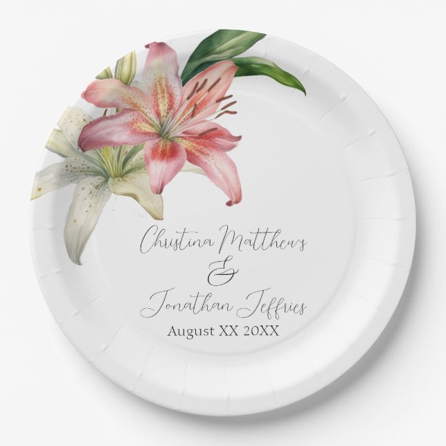 Romantic Pink & White Lilies Paper Plates (Front)
