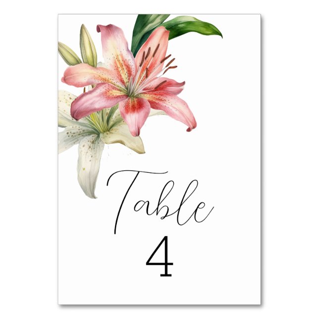 Romantic Pink & White Lilies Table Number (Front)