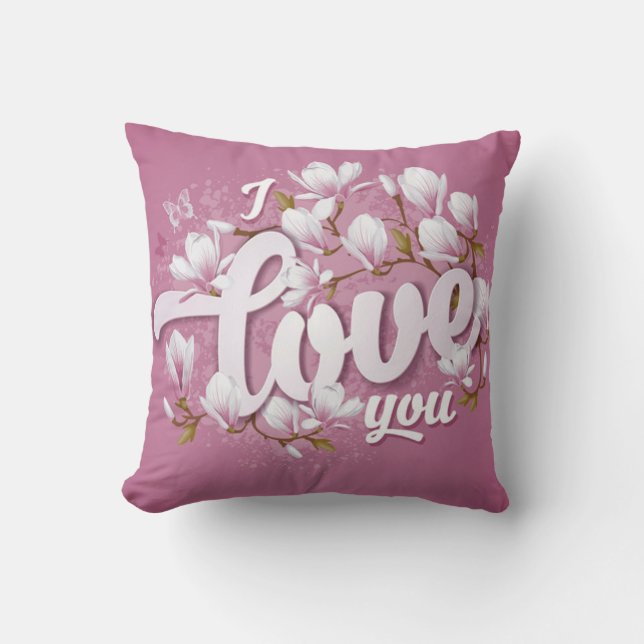 Romantic Pink & White Magnolia Floral Throw Pillow (Front)