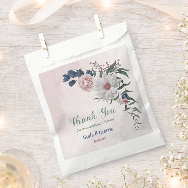 Romantic pink white navy flowers greenery wedding favor bag (Clipped)
