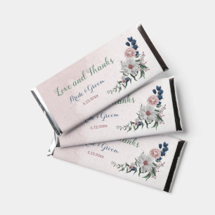 Romantic pink white navy flowers greenery wedding hershey bar favors