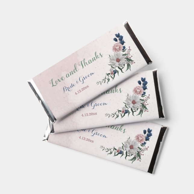 Romantic pink white navy flowers greenery wedding hershey bar favors (Front)